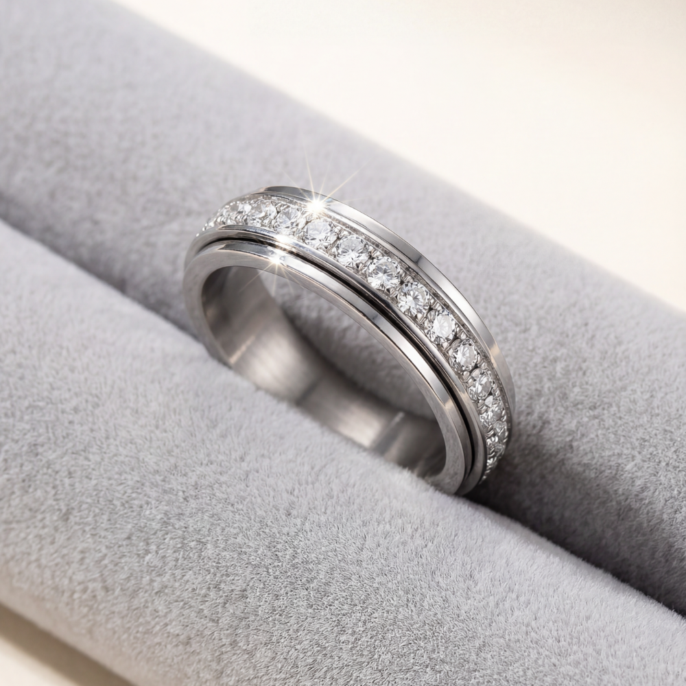 Rotatable Spinner Ring with Zirconia Stones – Titanium Steel – Calming Fidget Jewelry for Women and Men | Sansoti