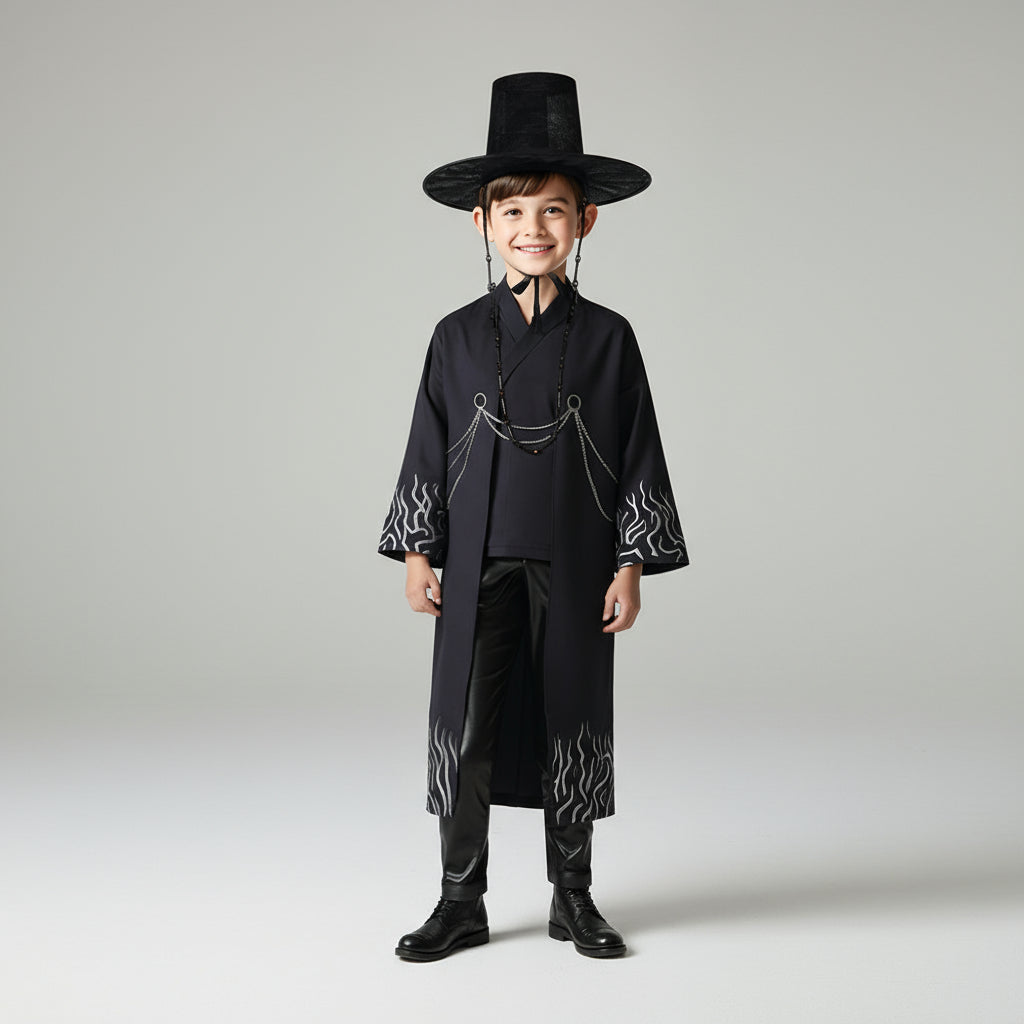 Trzyczęściowy czarny kostium dziecięcy na imprezy tematyczne i cosplay | Sansoti