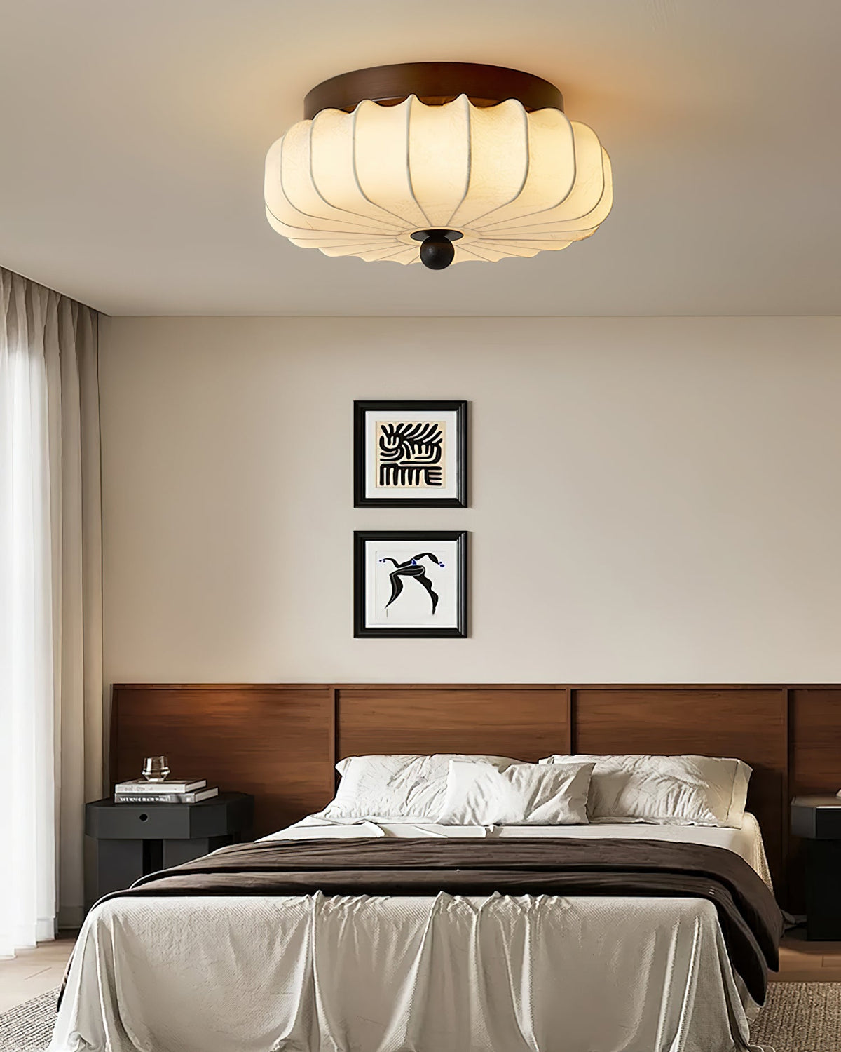 Ceiling Lamp with Walnut Frame and Fabric Shade – Vintage Design with Integrated LED | Sansoti