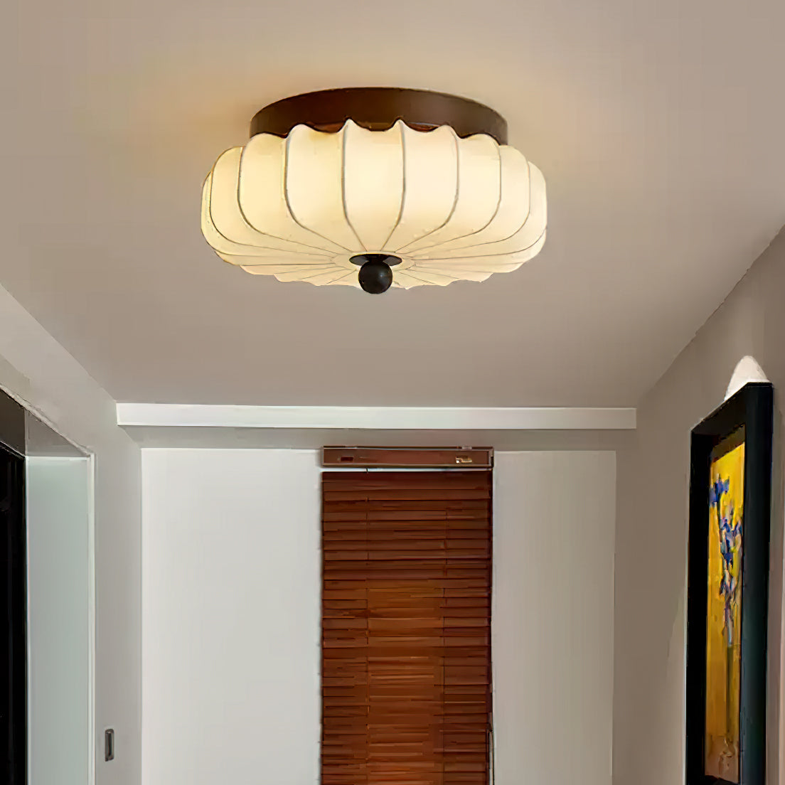 Ceiling Lamp with Walnut Frame and Fabric Shade – Vintage Design with Integrated LED | Sansoti