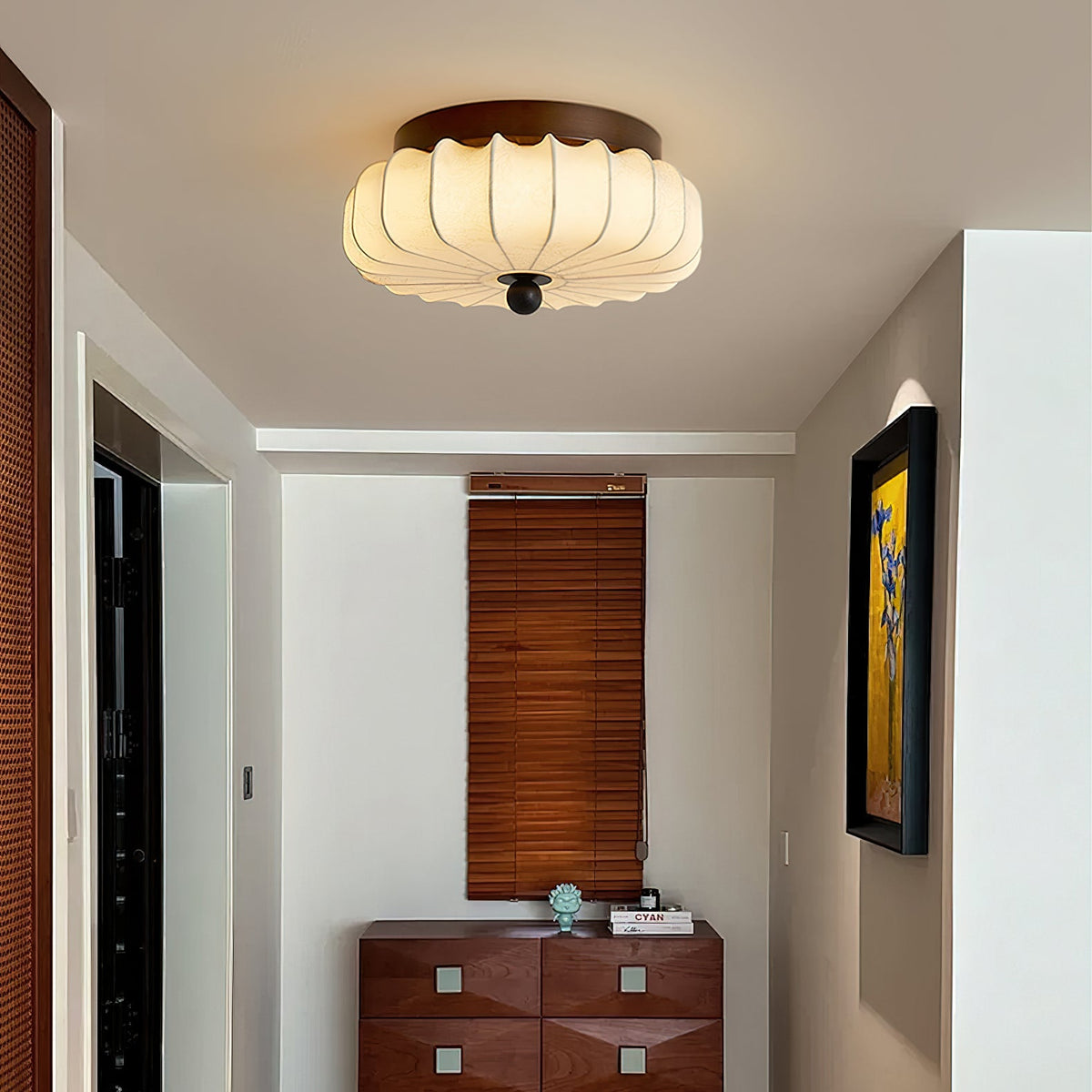 Ceiling Lamp with Walnut Frame and Fabric Shade – Vintage Design with Integrated LED | Sansoti