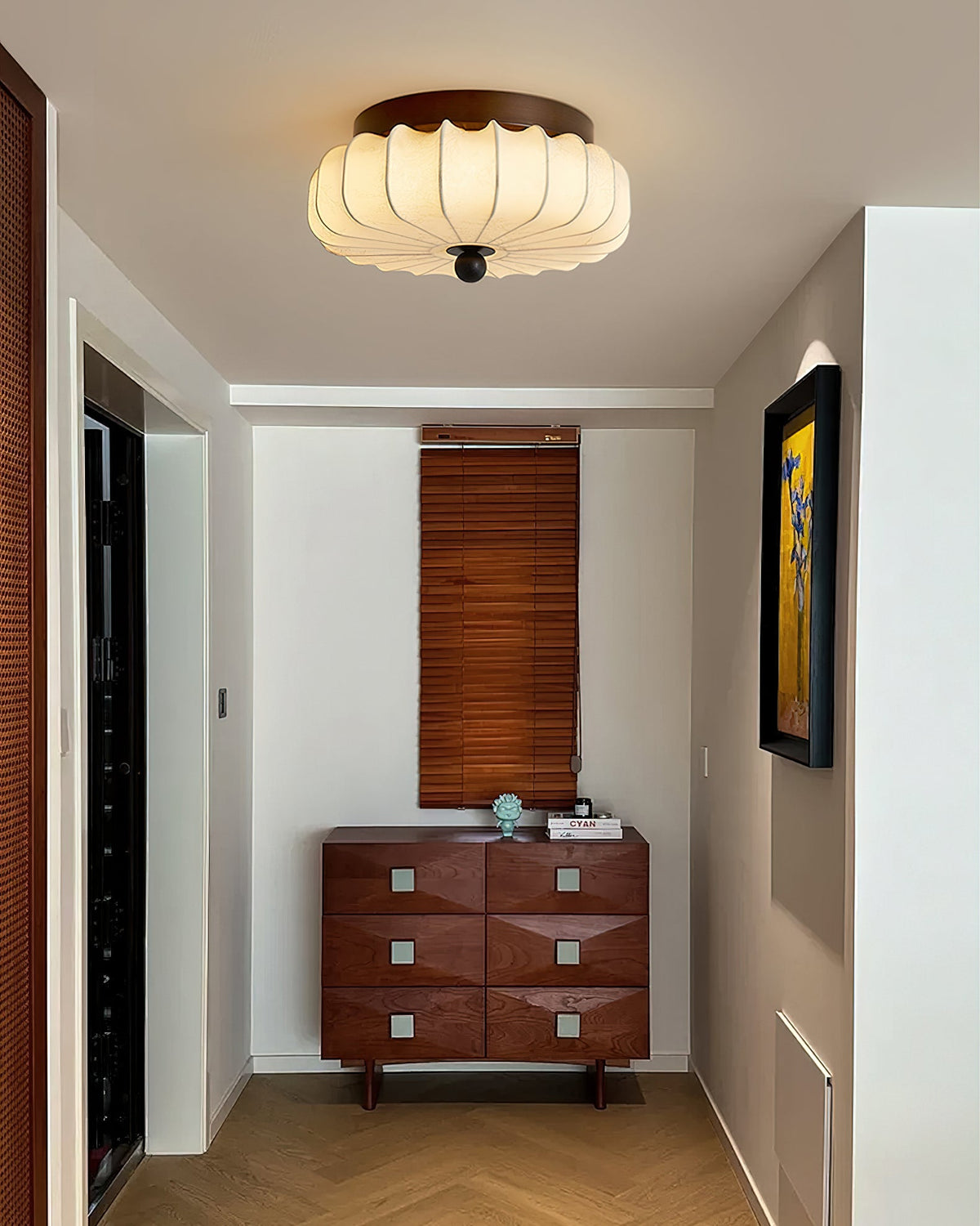 Ceiling Lamp with Walnut Frame and Fabric Shade – Vintage Design with Integrated LED | Sansoti