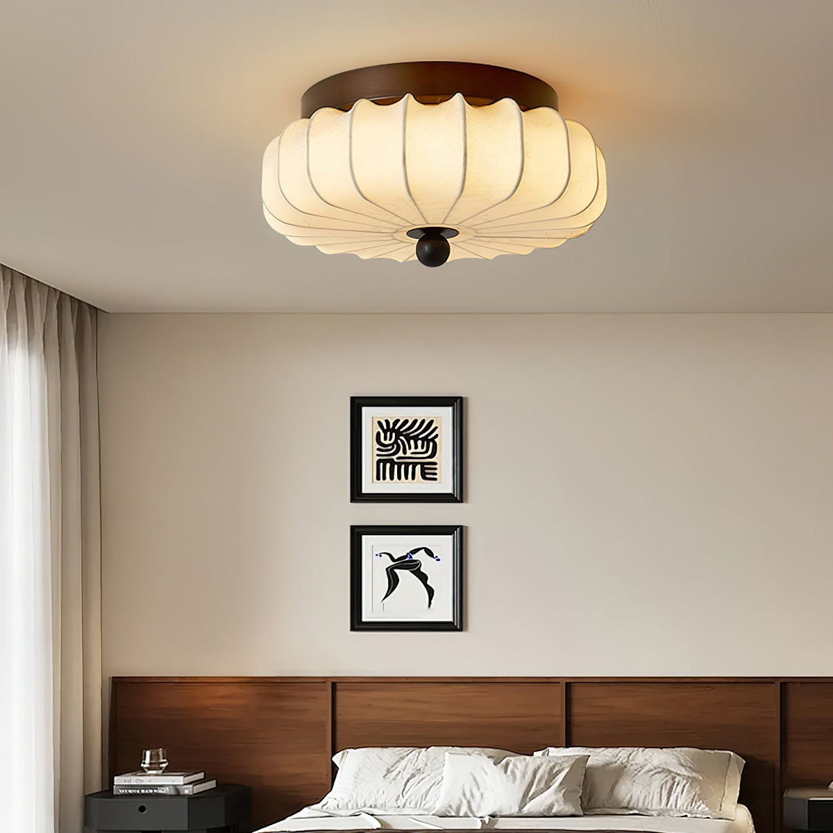 Ceiling Lamp with Walnut Frame and Fabric Shade – Vintage Design with Integrated LED | Sansoti