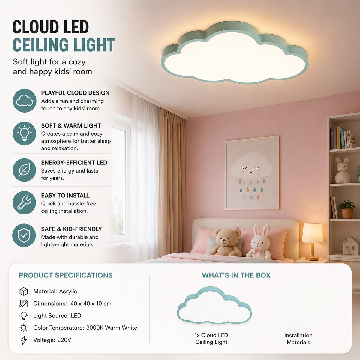 LED Cloud Ceiling Light 40cm Nursery Warm White Light Playful Cloud Design Bedroom Baby Room Decorative | Sansoti