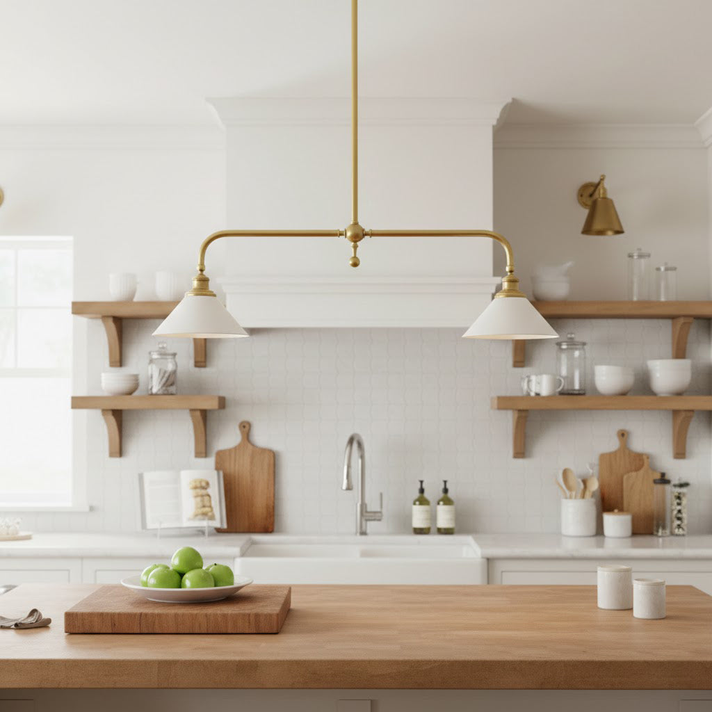 Lámpara colgante de diseño de lujo con pantallas de vidrio blanco para mesa de comedor e isla de cocina, acabado de latón | Sansoti
