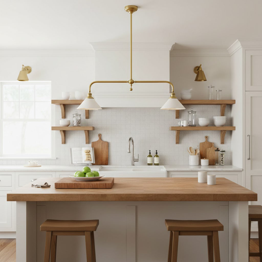 Lámpara colgante de diseño de lujo con pantallas de vidrio blanco para mesa de comedor e isla de cocina, acabado de latón | Sansoti
