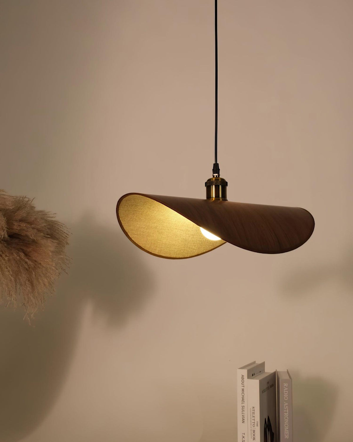 Pendant Light Linen Shade Wooden Accents Minimalist Design Scandinavian Dining Table Living Room Lighting | Sansoti