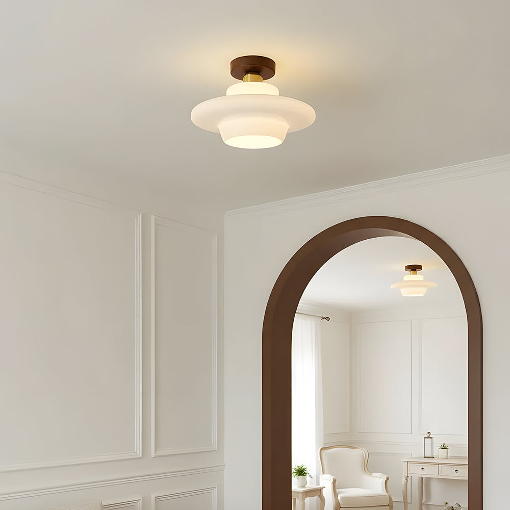 Deckenleuchte aus Holz und Glas – runde Walnuss-Deckenleuchte mit Kupfer, E27 – ⌀ 28/30/32 cm für Flur, Korridor, Küche und Esszimmer | Sansoti