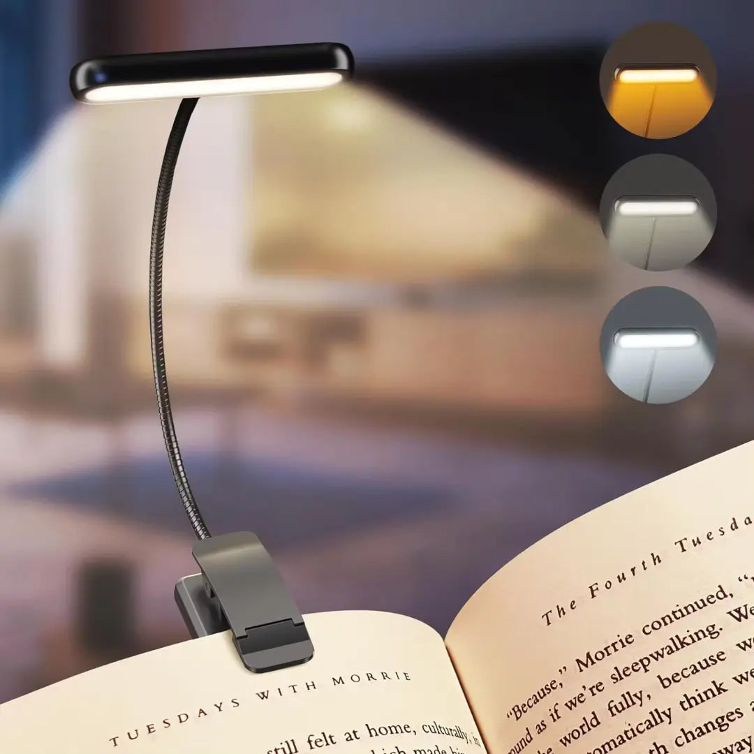 Flexible LED clip lamp with adjustable brightness and color temperature – rechargeable reading lamp for bed, desk and bookshelf | Sansoti