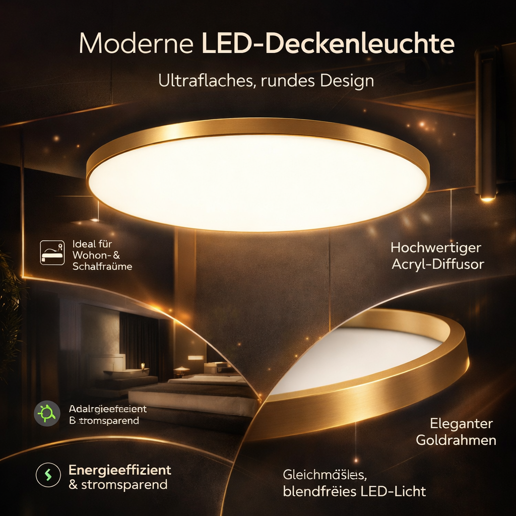 Runde Deckenlampe Flaches Design LED Acryl Schwarz Weiß Gold Silber Moderne Deckenbeleuchtung Energiesparend Wohnzimmer Schlafzimmer | Sansoti