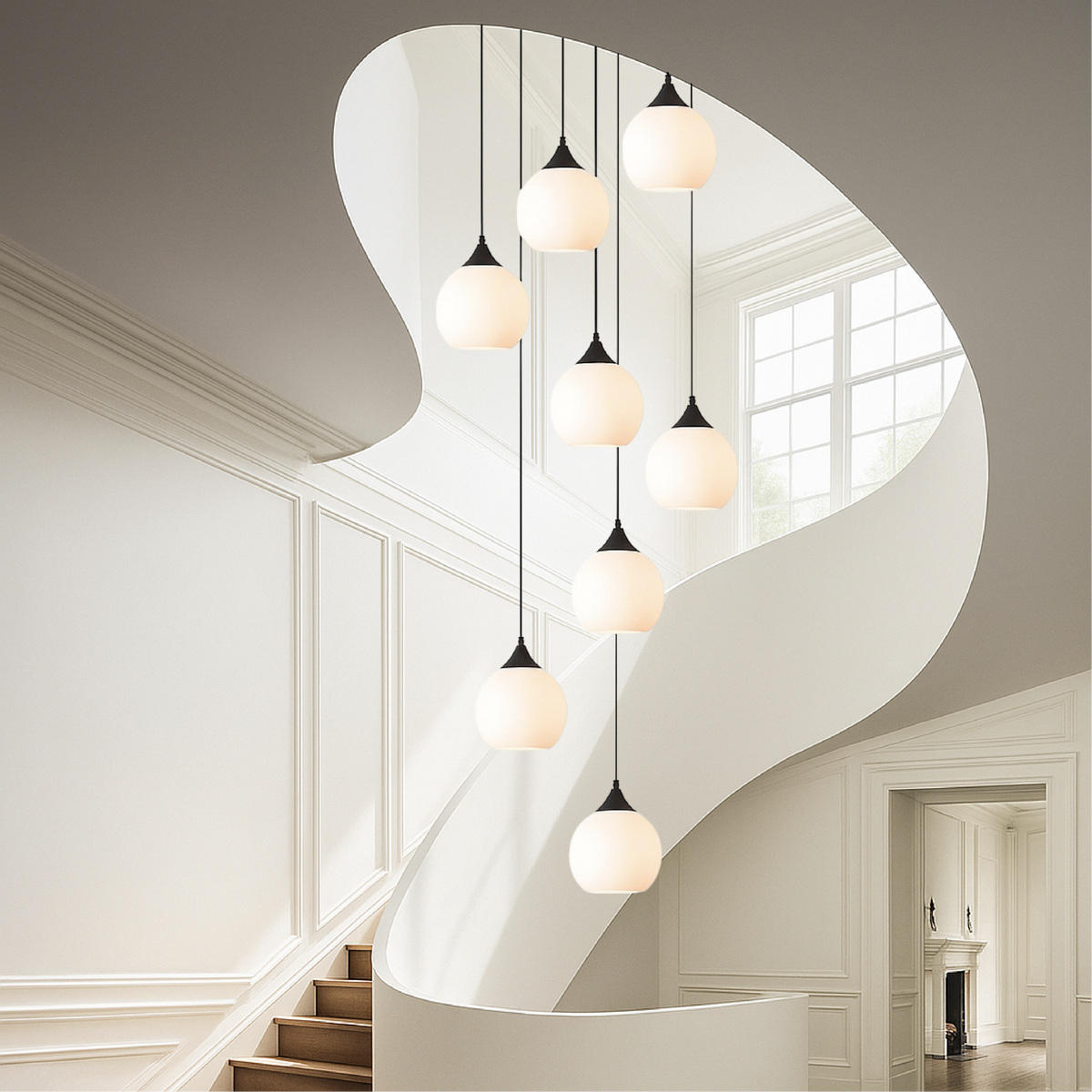 Lustre d’escalier Villa Gades LED verre noir escalier hall suspension éclairage moderne luxe plafond haut entrée | Sansoti