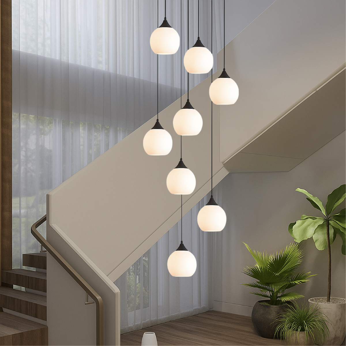 Lustre d’escalier Villa Gades LED verre noir escalier hall suspension éclairage moderne luxe plafond haut entrée | Sansoti