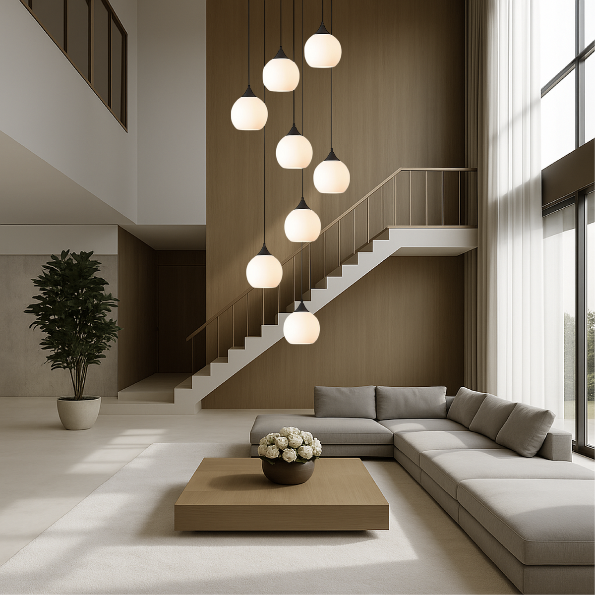 Lustre d’escalier Villa Gades LED verre noir escalier hall suspension éclairage moderne luxe plafond haut entrée | Sansoti