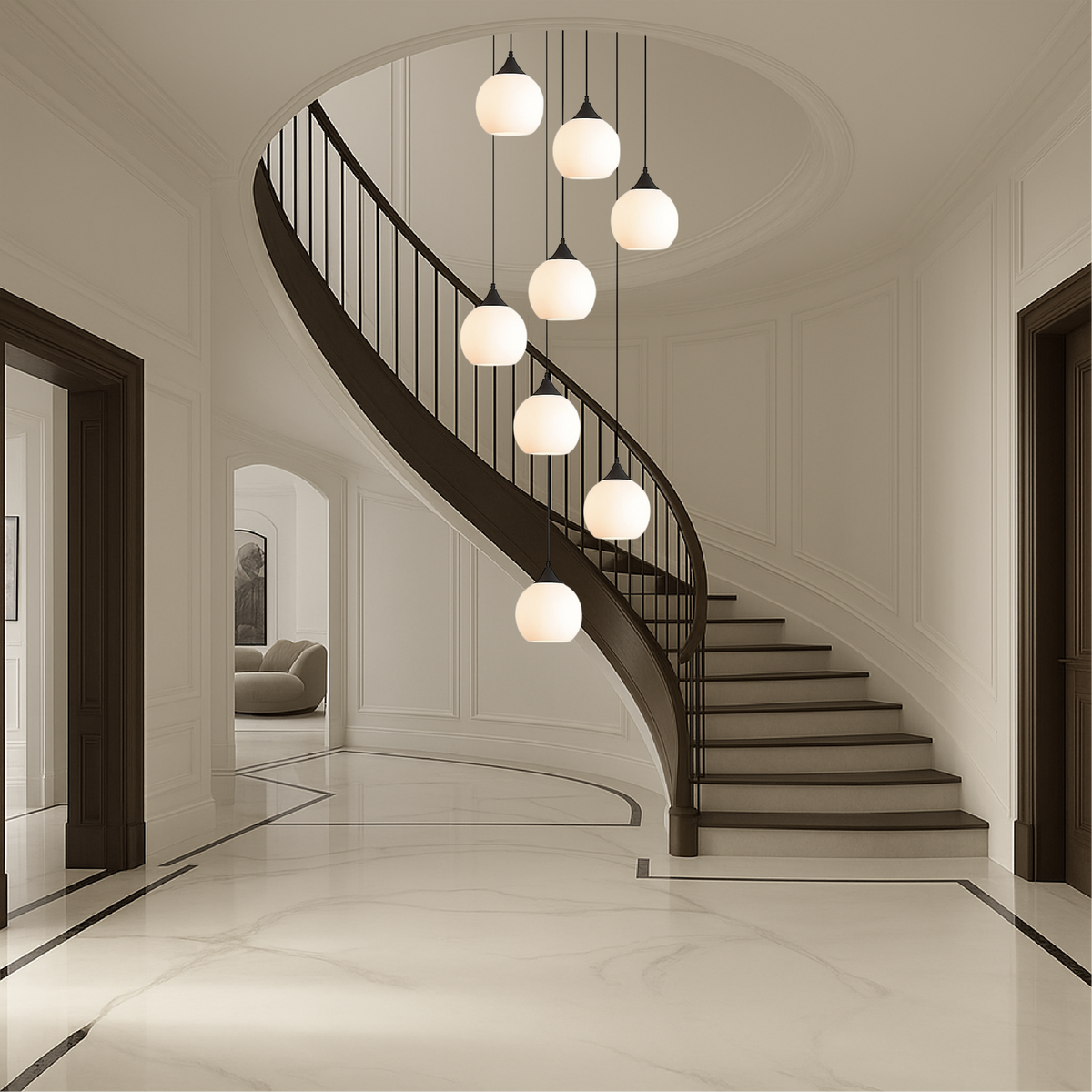 Lustre d’escalier Villa Gades LED verre noir escalier hall suspension éclairage moderne luxe plafond haut entrée | Sansoti