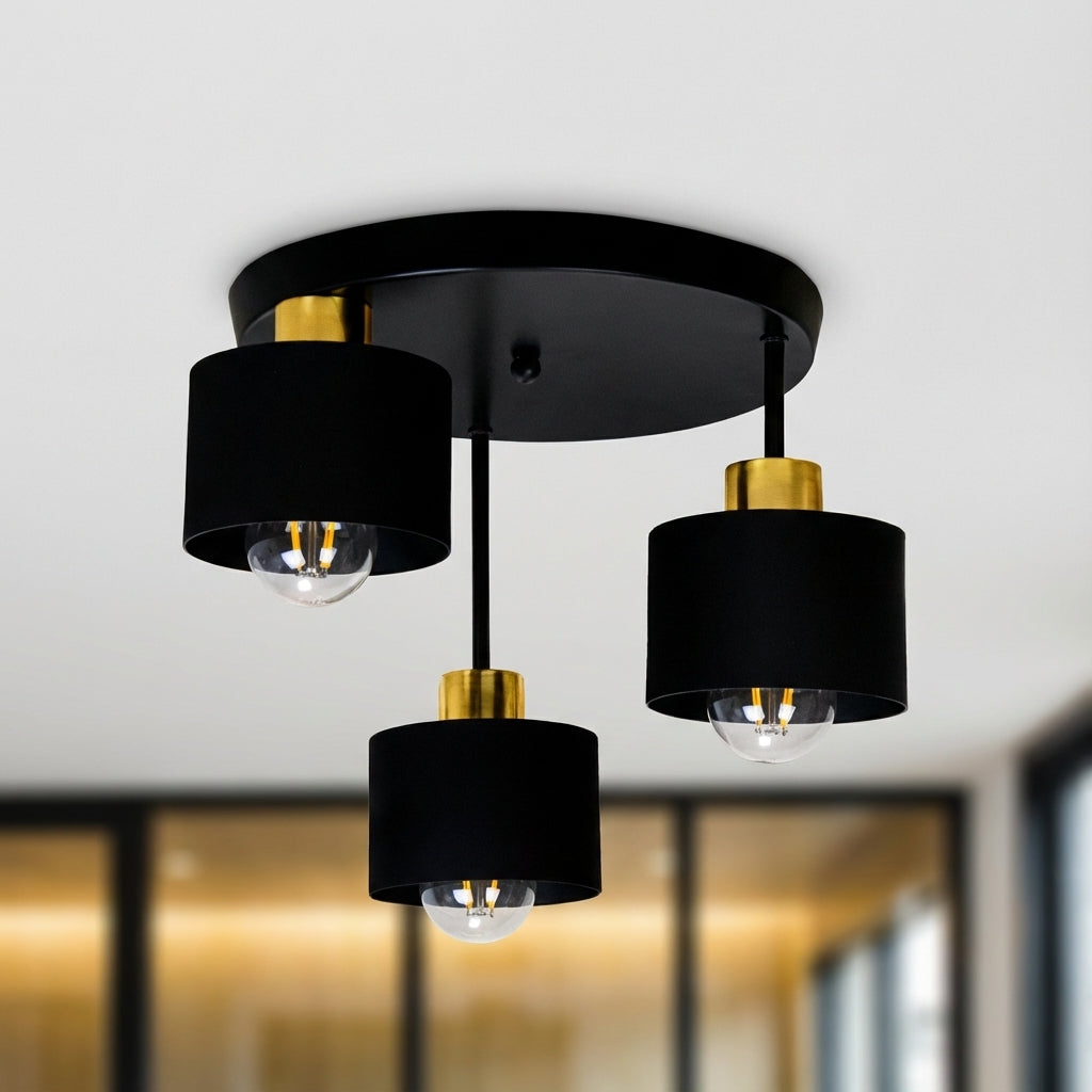 Ceiling Lamp 3 Lights Black Gold Metal E27 Ø30cm Modern Design | Sansoti