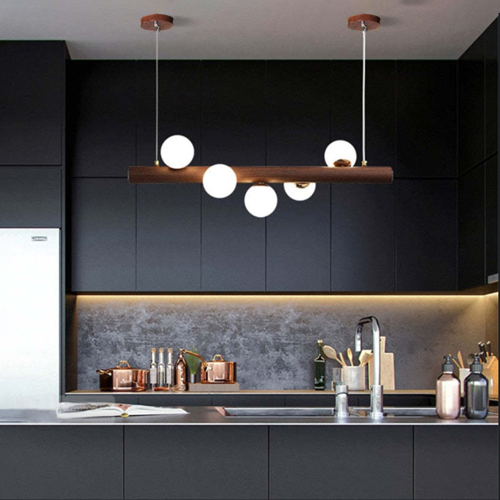 Hanglamp Glazen Bol met Houten Plafondbevestiging Warm Walnoot Elegante Sfeerverlichting voor Woonkamer | Sansoti