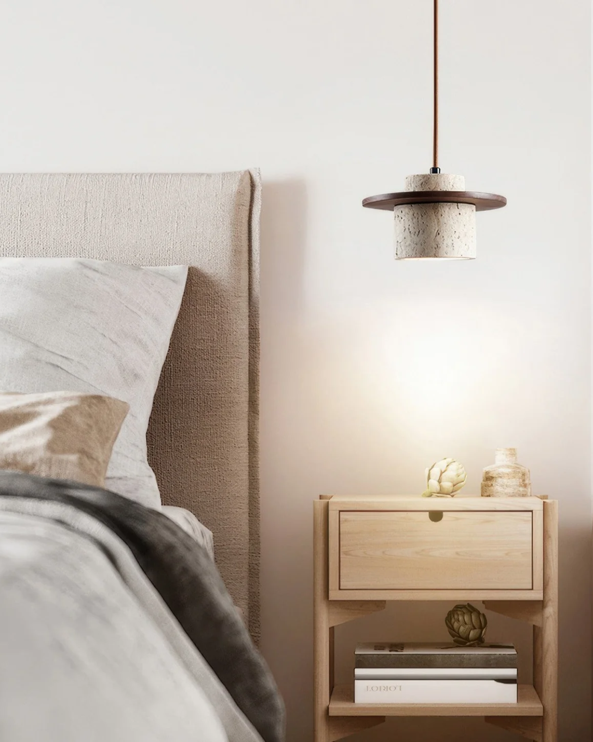 Suspension en pierre naturelle travertin avec accent noyer design moderne | Sansoti