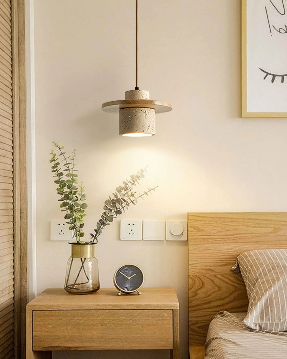 Suspension en pierre naturelle travertin avec accent noyer design moderne | Sansoti