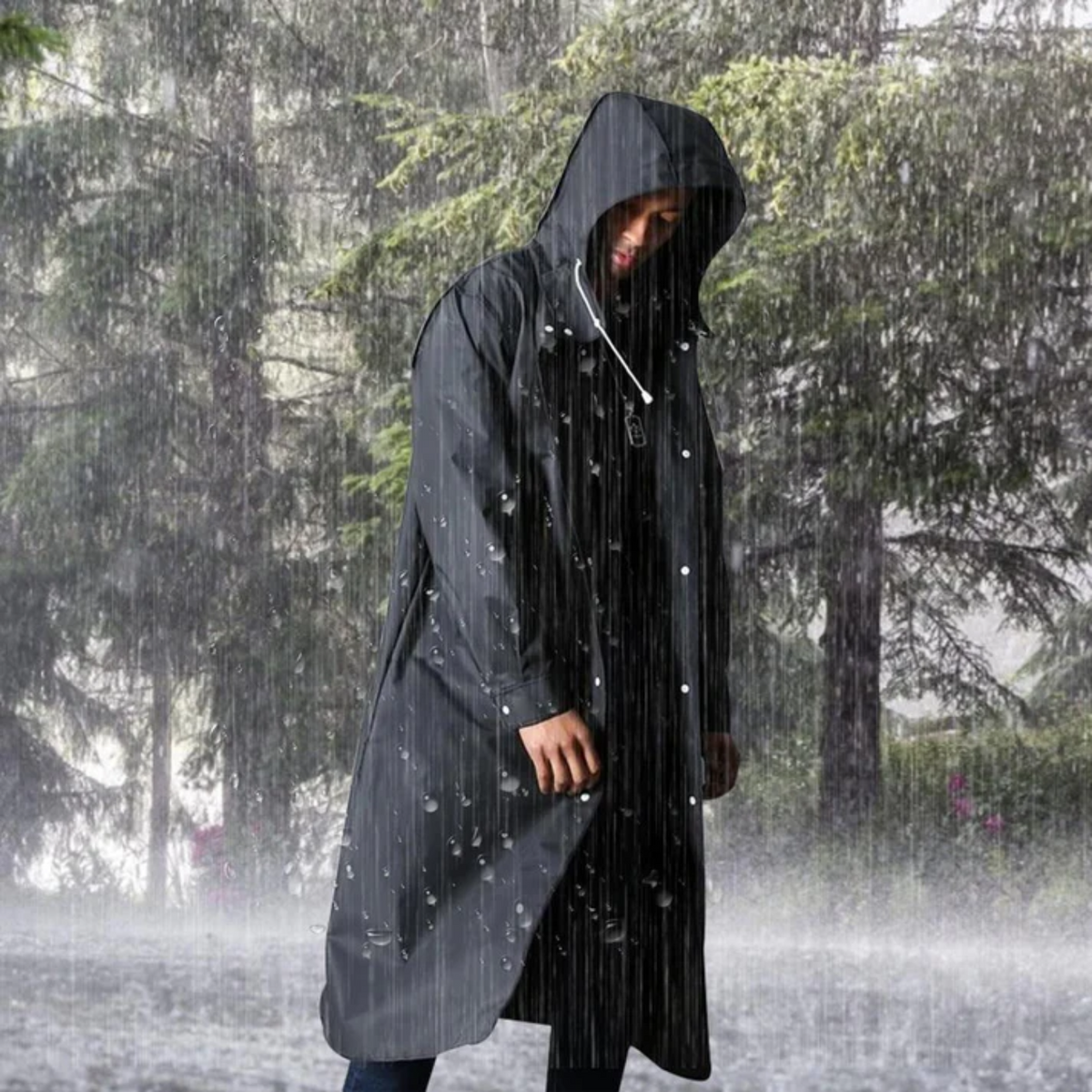 Longue veste imperméable pour hommes avec capuche réglable, noire, respirante et résistante à la pluie, veste d’extérieur pour l’hiver | Sansoti
