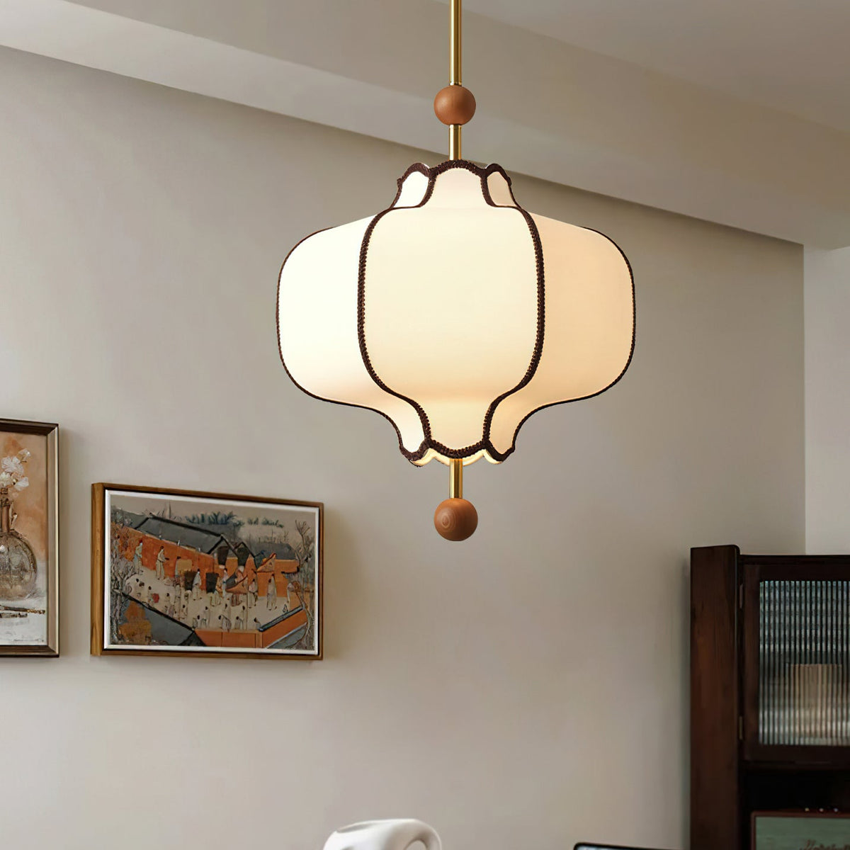 Stoffen Hanglamp met Lantaarnvorm – Walnoot of Goud Frame – 25 tot 50 cm – Scandinavisch Design Plafondlamp | Sansoti
