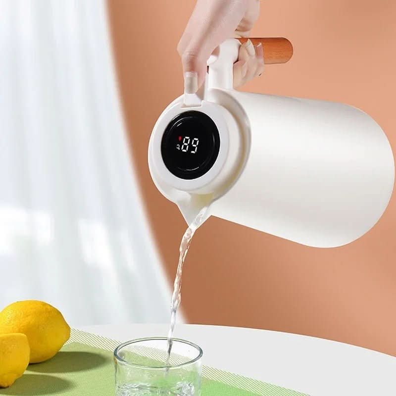 Thermoskan met Temperatuurindicator 1 Liter Dubbelwandig RVS Houten Handgreep Koffiekan Theekan Isoleerkan | Sansoti