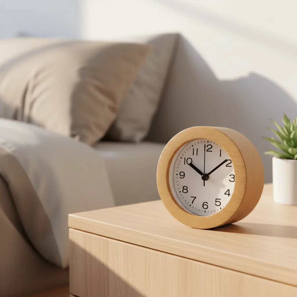 Silent Beechwood Alarm Clock with LED Night Light Analog Quartz with Snooze Function | Sansoti