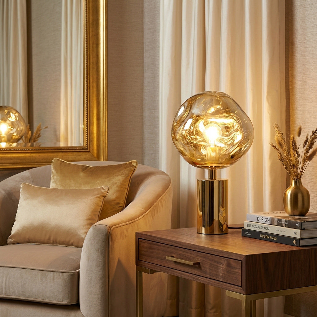 Table Lamp with Melted Lava Texture in Gold, Rose Gold or Silver | Sansoti