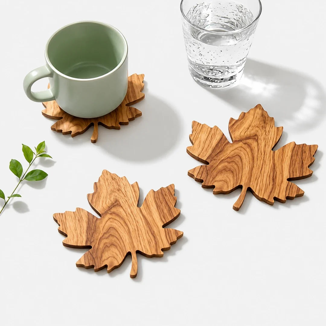 Wooden Leaf-Shaped Coasters Set of 3 for Glasses, Cups and Mugs, Table Protection, Natural Wood Grain | Sansoti