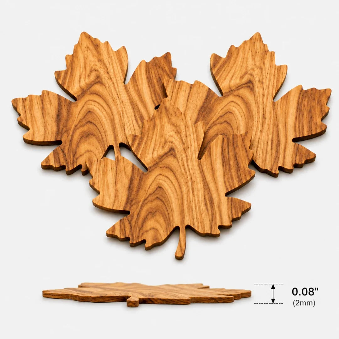Wooden Leaf-Shaped Coasters Set of 3 for Glasses, Cups and Mugs, Table Protection, Natural Wood Grain | Sansoti