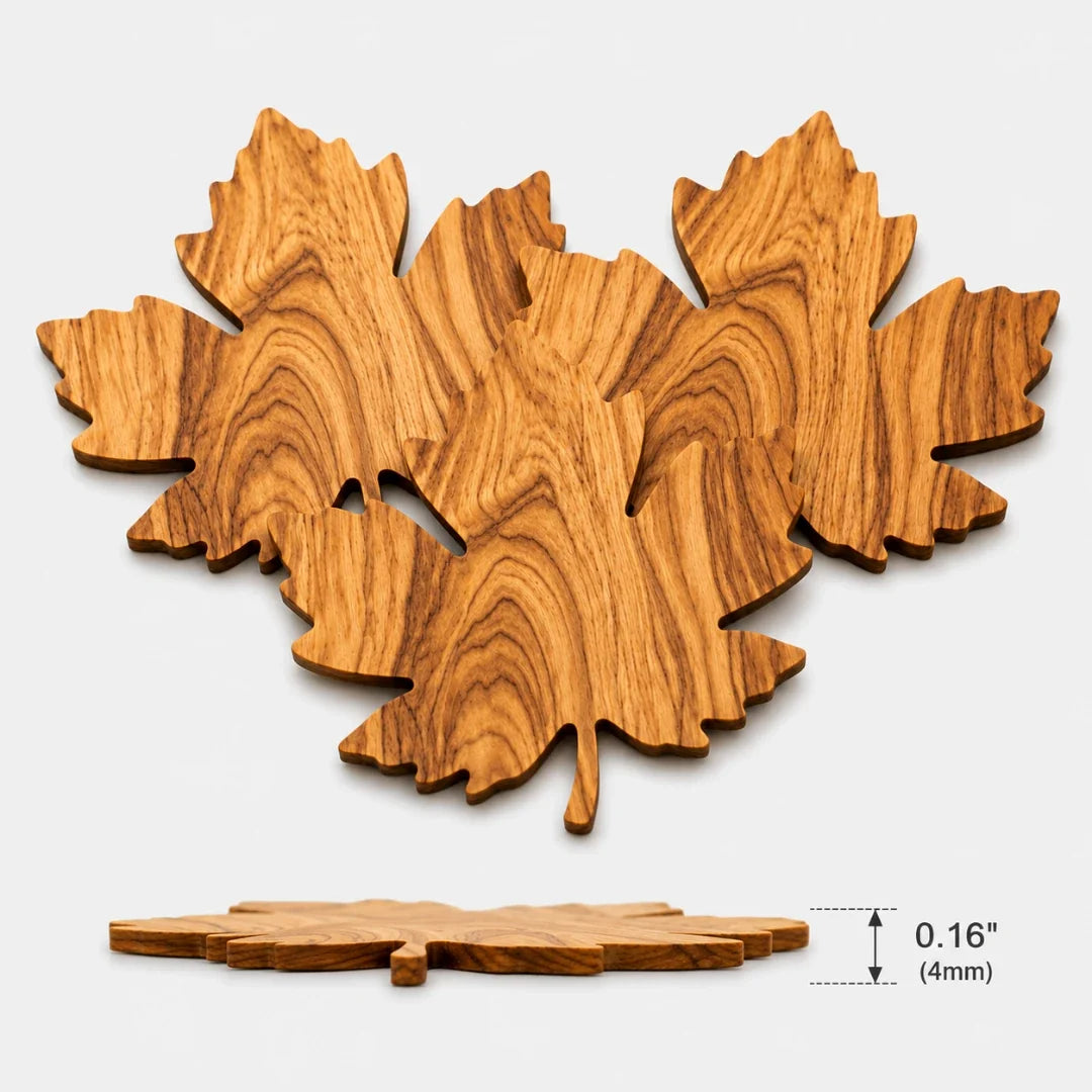 Wooden Leaf-Shaped Coasters Set of 3 for Glasses, Cups and Mugs, Table Protection, Natural Wood Grain | Sansoti
