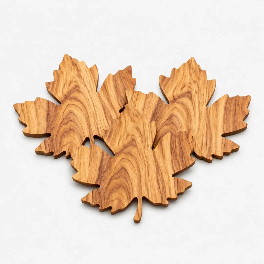Wooden Leaf-Shaped Coasters Set of 3 for Glasses, Cups and Mugs, Table Protection, Natural Wood Grain | Sansoti