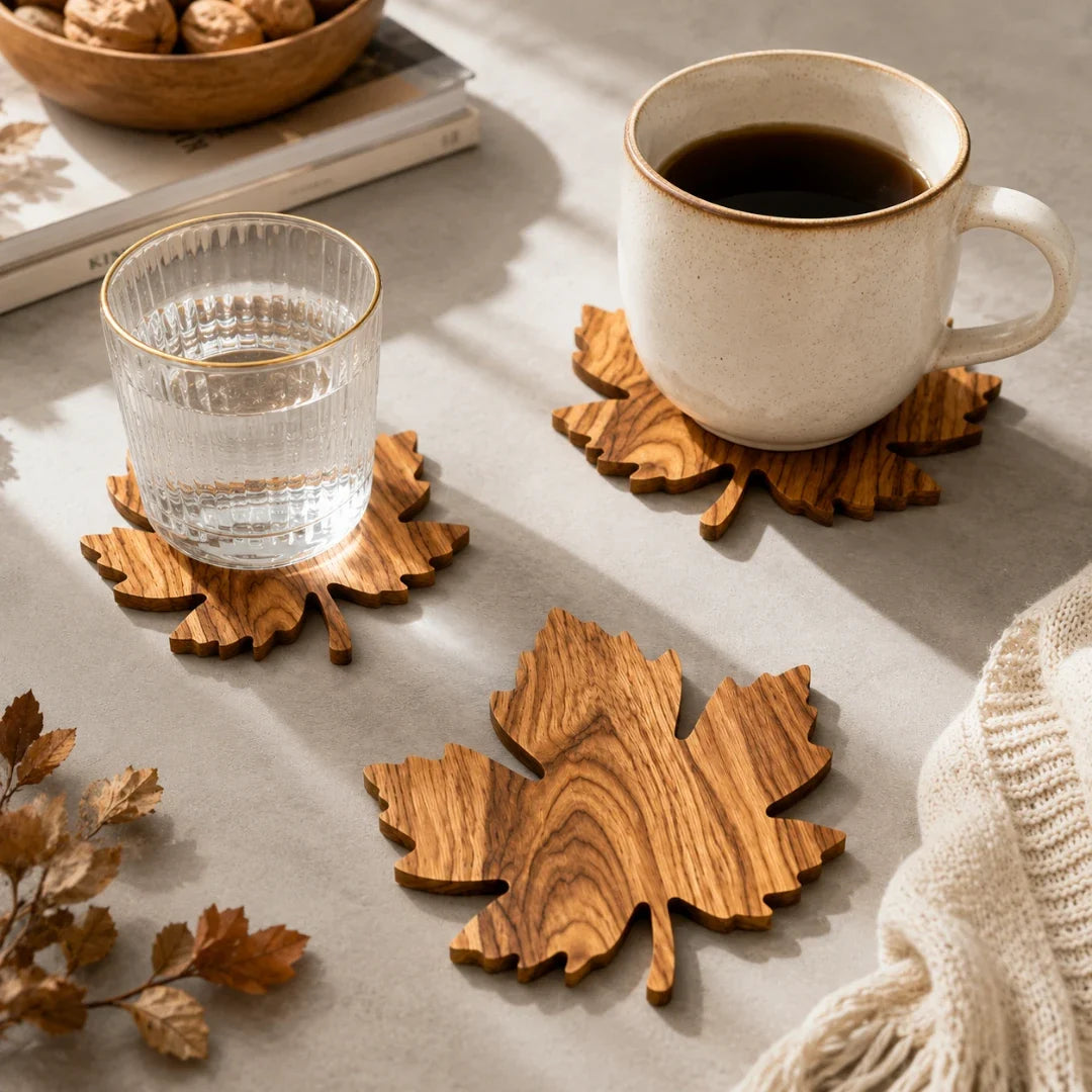 Wooden Leaf-Shaped Coasters Set of 3 for Glasses, Cups and Mugs, Table Protection, Natural Wood Grain | Sansoti