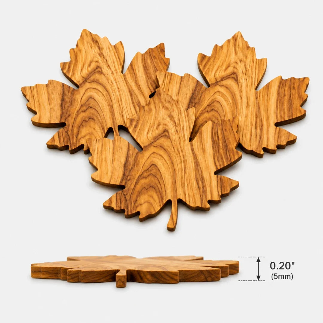 Wooden Leaf-Shaped Coasters Set of 3 for Glasses, Cups and Mugs, Table Protection, Natural Wood Grain | Sansoti
