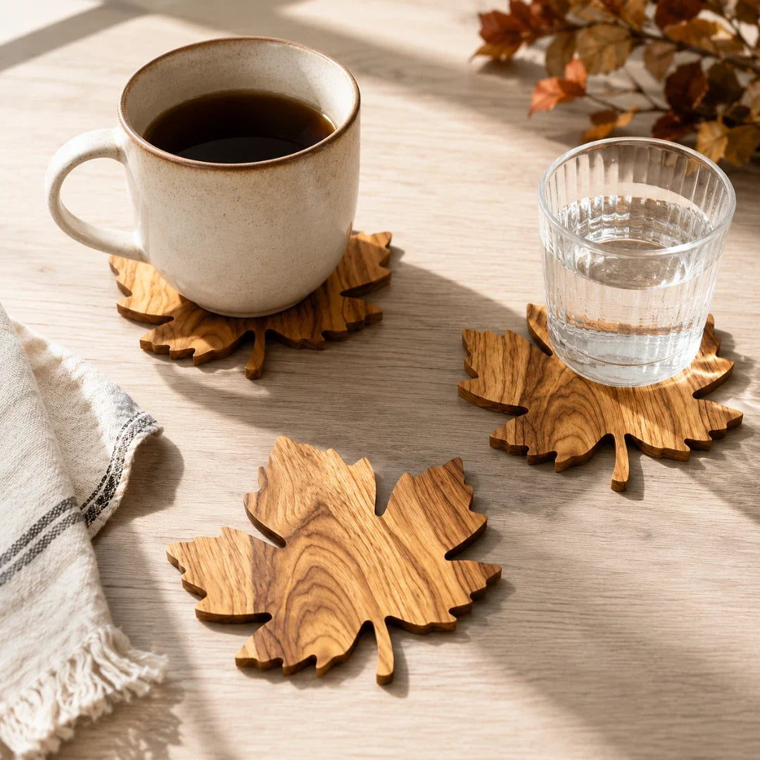 Wooden Leaf-Shaped Coasters Set of 3 for Glasses, Cups and Mugs, Table Protection, Natural Wood Grain | Sansoti