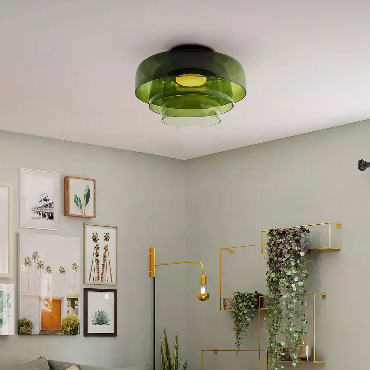 Plafonnier Verre Superposé Métal Noir Vert Gris Fumé Orange LED 32-42cm 3 Couleurs de Lumière | Sansoti