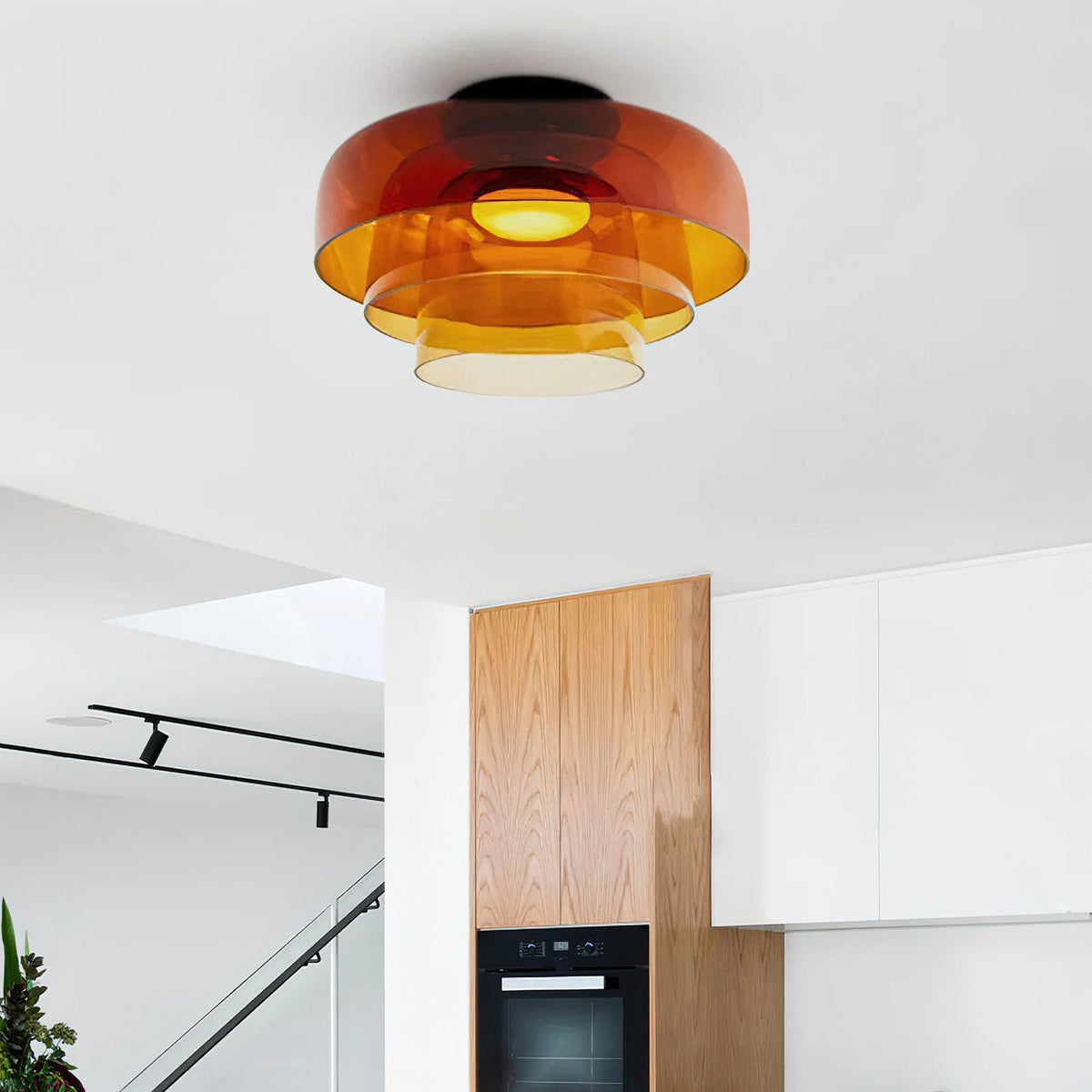 Plafonnier Verre Superposé Métal Noir Vert Gris Fumé Orange LED 32-42cm 3 Couleurs de Lumière | Sansoti