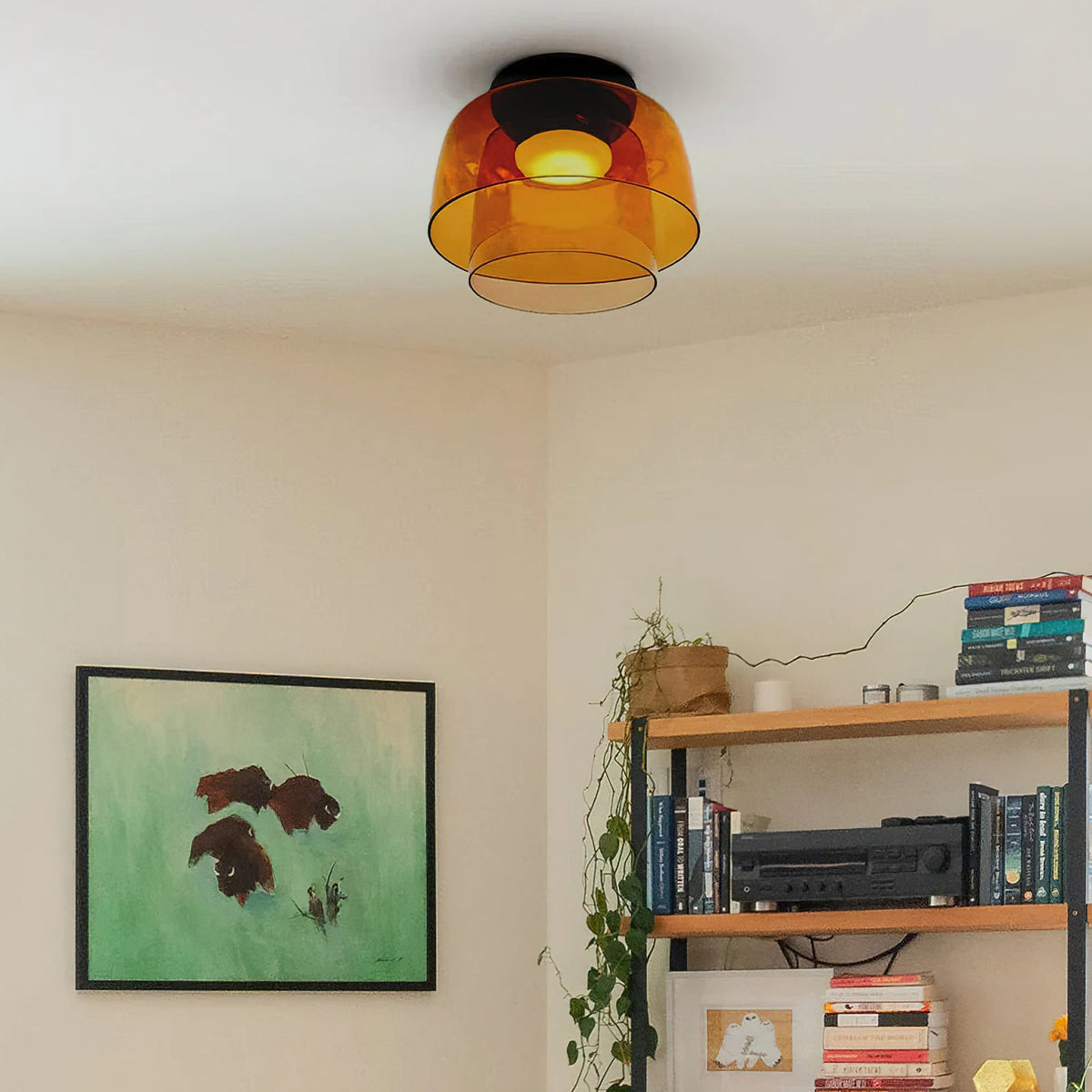Plafonnier Verre Superposé Métal Noir Vert Gris Fumé Orange LED 32-42cm 3 Couleurs de Lumière | Sansoti