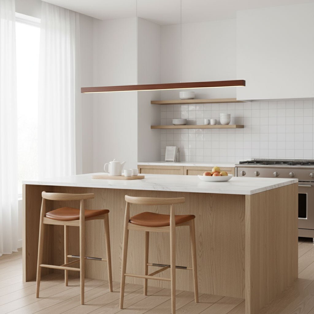 LED-Hängeleuchte Holz linear warmes Licht Esstisch Kochinsel minimalistisch Japandi Design verstellbares Kabel Balkenlampe | Sansoti