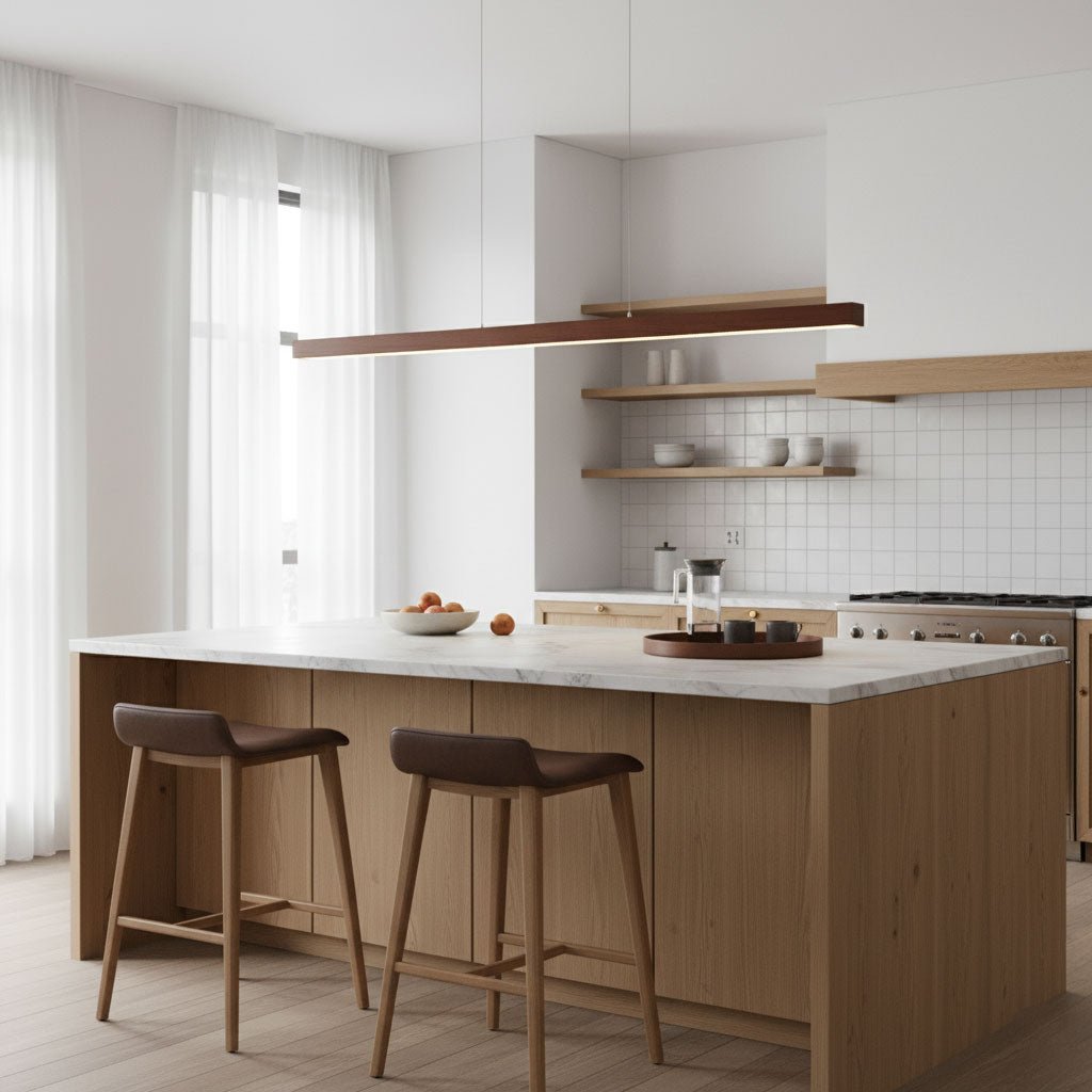 LED-Hängeleuchte Holz linear warmes Licht Esstisch Kochinsel minimalistisch Japandi Design verstellbares Kabel Balkenlampe | Sansoti