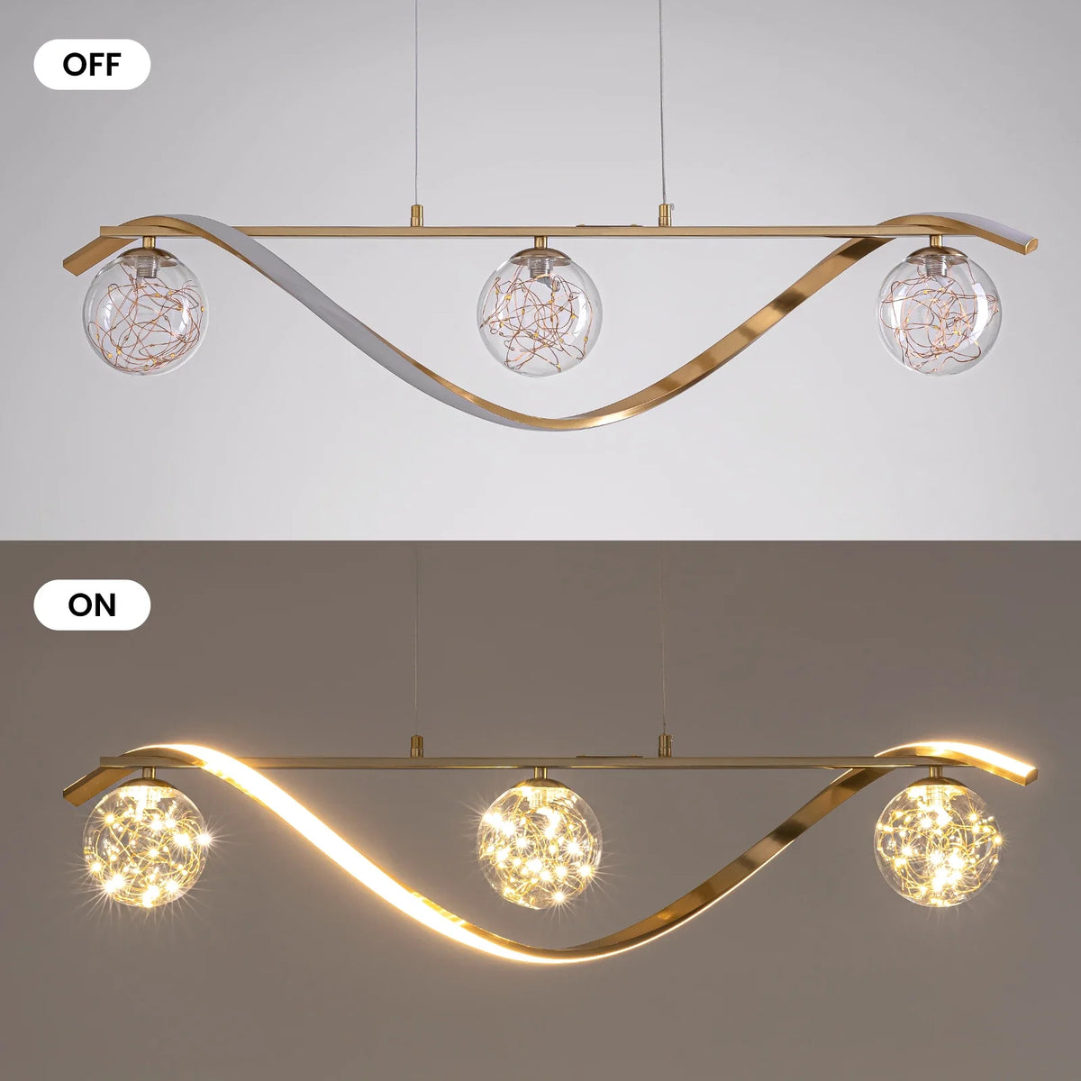 Lampa wisząca liniowa, szklane kule, taśma LED, złoto i chrom, 100 cm, jadalnia, wyspa kuchenna, nowoczesna | Sansoti
