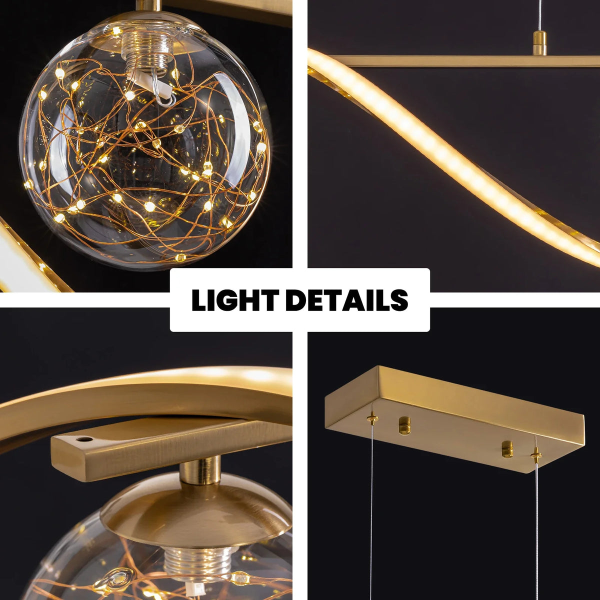 Lampa wisząca liniowa, szklane kule, taśma LED, złoto i chrom, 100 cm, jadalnia, wyspa kuchenna, nowoczesna | Sansoti