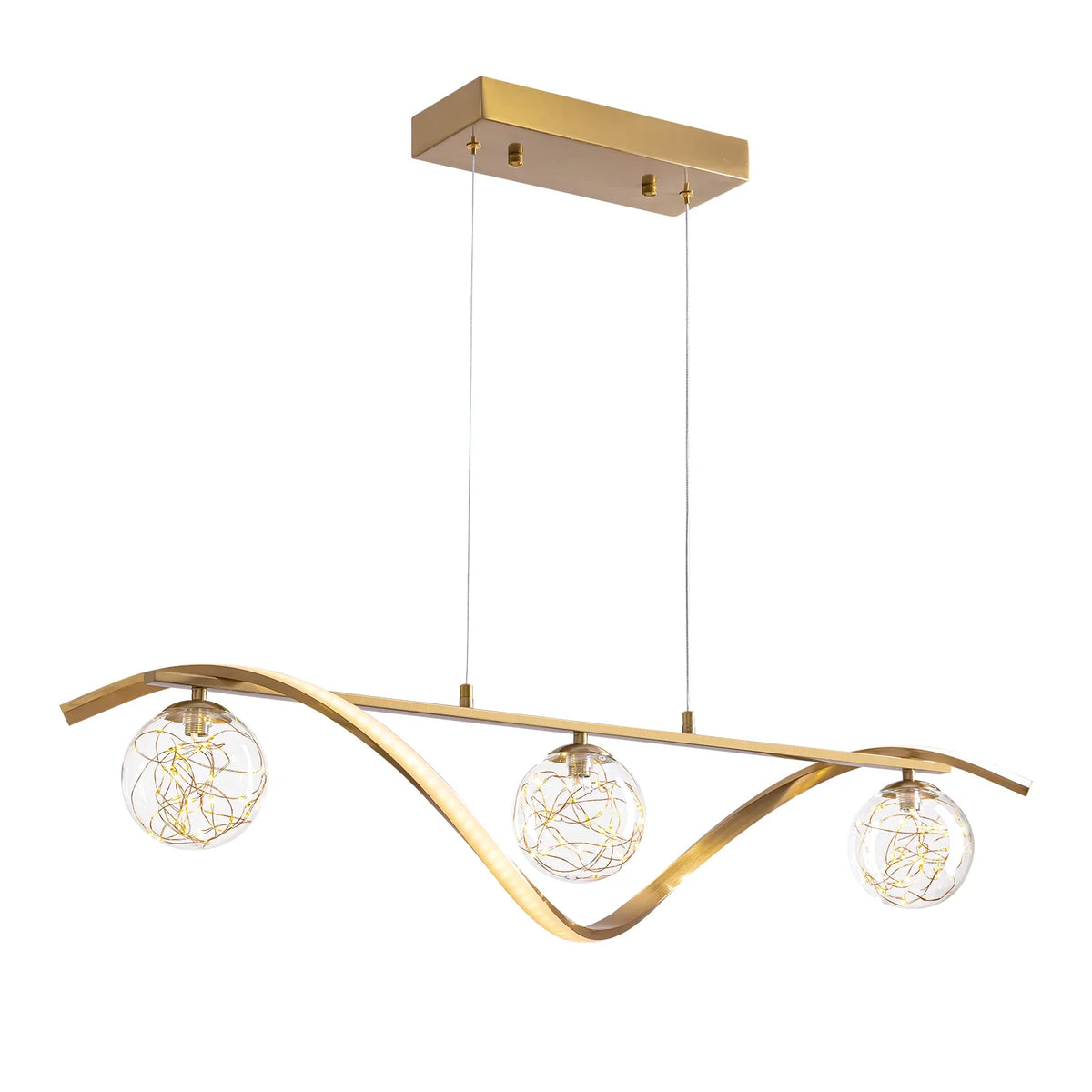 Lampa wisząca liniowa, szklane kule, taśma LED, złoto i chrom, 100 cm, jadalnia, wyspa kuchenna, nowoczesna | Sansoti