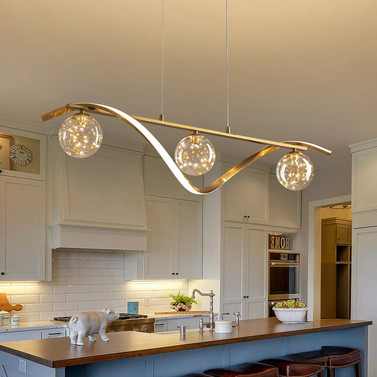 Hängeleuchte Linear Glaskugeln LED-Streifen Gold Chrom 100cm Esszimmer Kücheninsel Modern | Sansoti