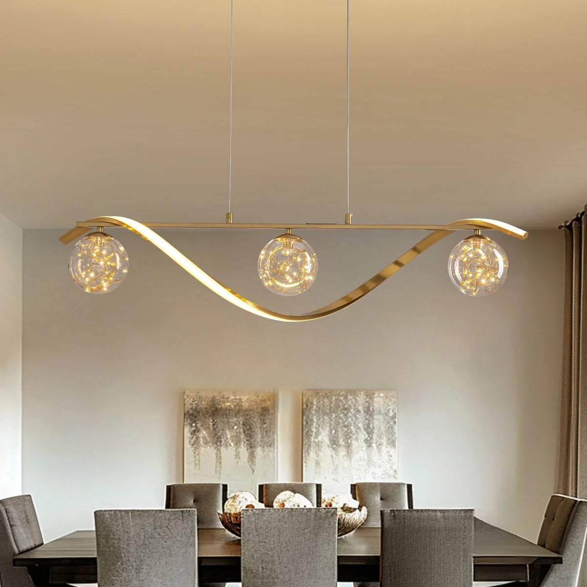 Hängeleuchte Linear Glaskugeln LED-Streifen Gold Chrom 100cm Esszimmer Kücheninsel Modern | Sansoti
