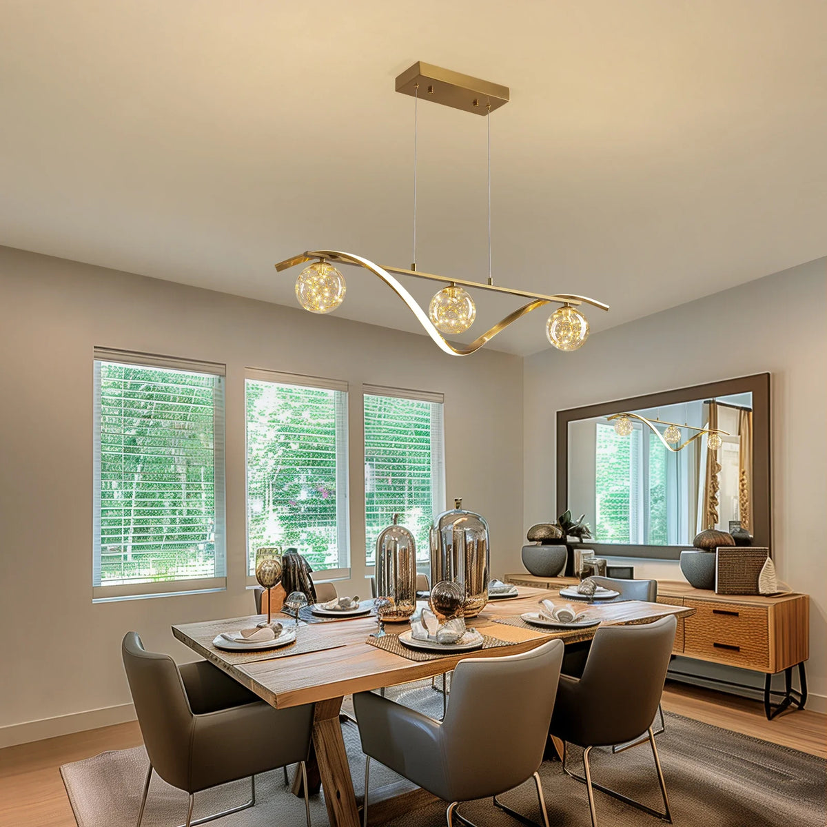 Lampa wisząca liniowa, szklane kule, taśma LED, złoto i chrom, 100 cm, jadalnia, wyspa kuchenna, nowoczesna | Sansoti