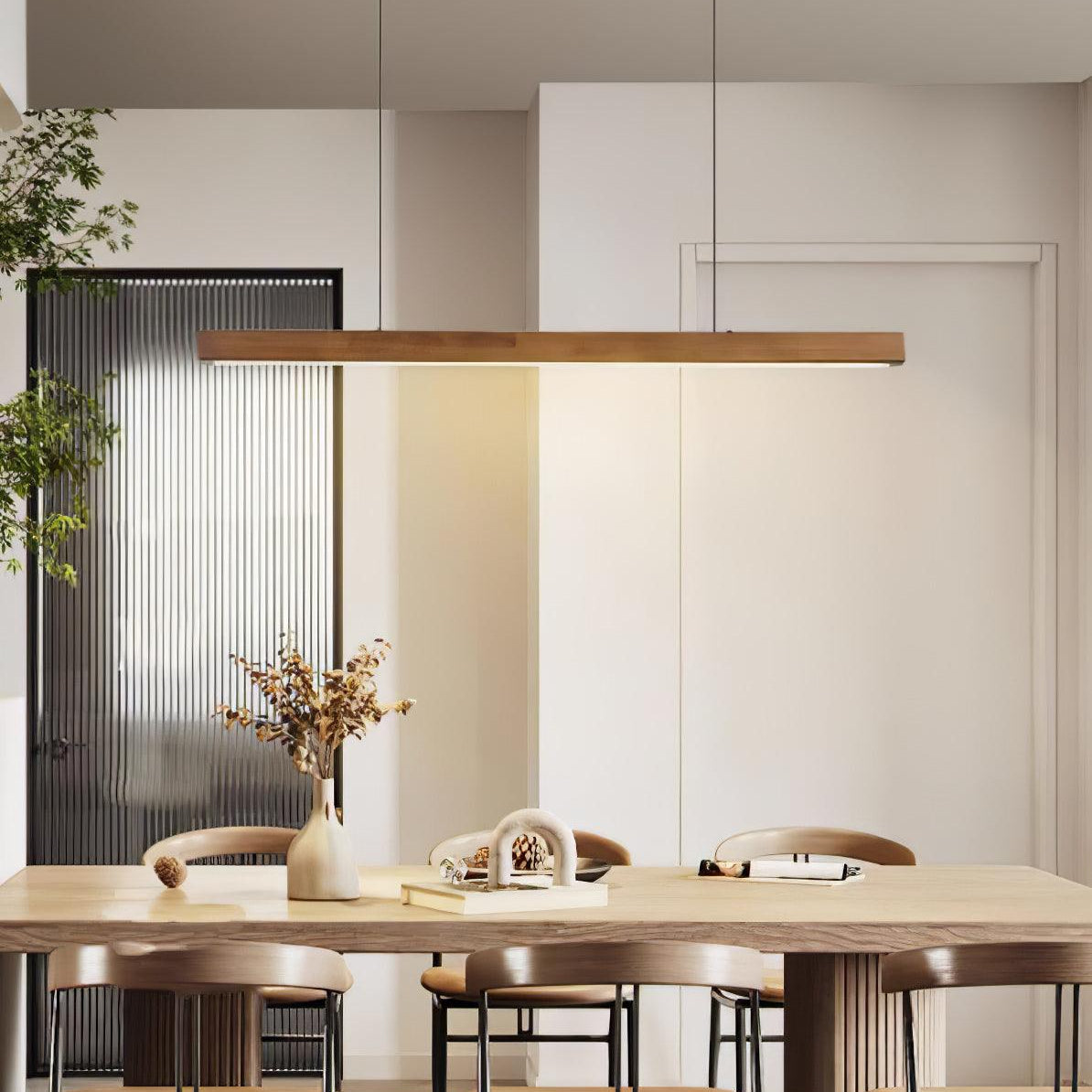 LED-Hängeleuchte Holz linear warmes Licht Esstisch Kochinsel minimalistisch Japandi Design verstellbares Kabel Balkenlampe | Sansoti