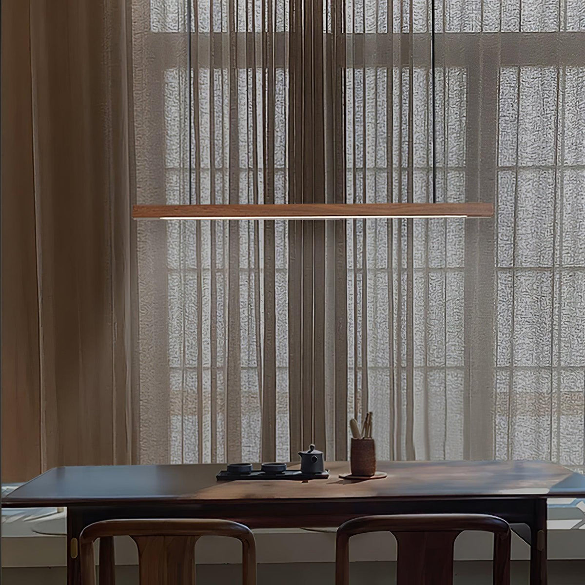 LED-Hängeleuchte Holz linear warmes Licht Esstisch Kochinsel minimalistisch Japandi Design verstellbares Kabel Balkenlampe | Sansoti