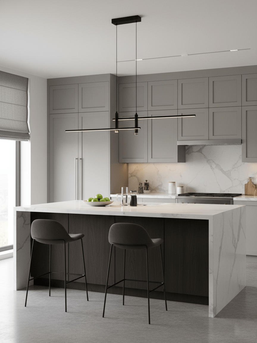 Suspension Linéaire Îlot Gauche • 90/120/150cm • LED Intégrée • Blanc Chaud/Neutre/Froid • Option Dimmable • Noir/Or • Îlot de Cuisine au-dessus de la Table | Sansoti