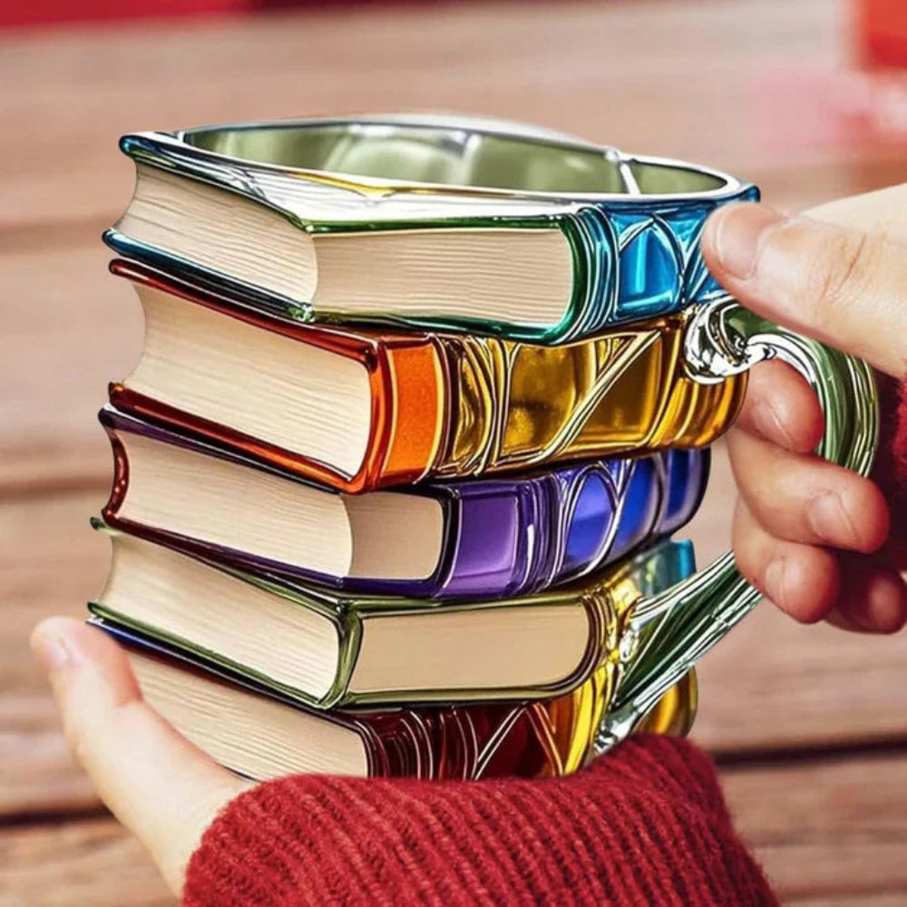 Glass Cup with 3D Book Spine Pattern 350ml Transparent Literary Design for Tea Coffee Hot Drinks | Sansoti