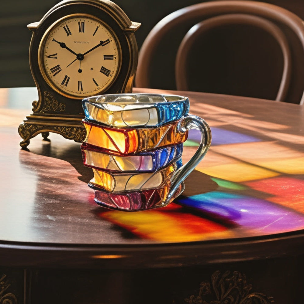 Glass Cup with 3D Book Spine Pattern 350ml Transparent Literary Design for Tea Coffee Hot Drinks | Sansoti